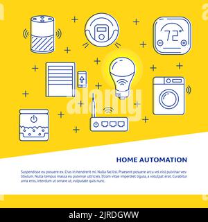 Home automation concept banner in line style. Smart things symbols. Internet of things poster with place for text. Vector illustration. Stock Vector