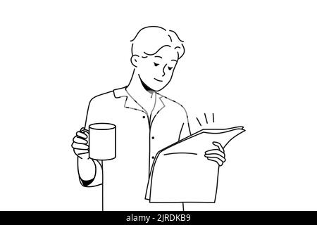 Happy young man in pyjama drinking coffee reading newspaper. Smiling male enjoy morning at home. Daily routine. Vector illustration.  Stock Vector
