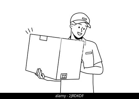 Smiling deliveryman in uniform holding cardboard package. Happy male courier with box deliver order to client. Good delivery service. Vector illustration.  Stock Vector