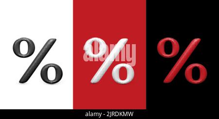 Persentage signs set. 3D percent on white red and black background. Rebate symbol. Vector illustration Stock Vector