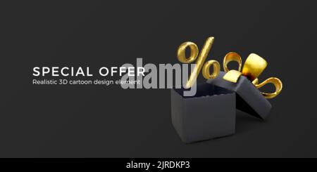 Big sale banner. Special offer and discount sale. Black open gift box with percent sign in gold color. Vector illustration Stock Vector