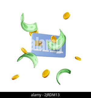 Credit card and flying money concept. Green paper dollars and gold coins in cartoon realistic style. Exchange and business success. Vector illustratio Stock Vector