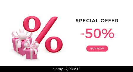 Gift box with percent sign in red color. Mega sale banner or special offer advertising. Discount card concept. Vector illustration Stock Vector