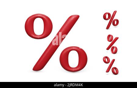 Set of 3D percent icon. Render of percentage symbol in red color. Vector illustration isolated on white background Stock Vector