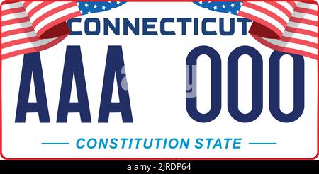 Vehicle license plates marking in Connecticut in United States of America, Car plates. Vehicle license numbers of different American states. Vintage Stock Vector