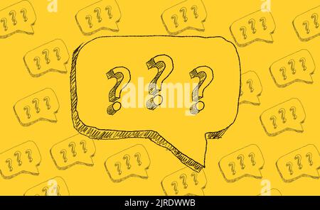 Hand drawn question marks in speech bubbles on yellow background. Ask for help. FAQ concept. Asking questions. Stock Photo