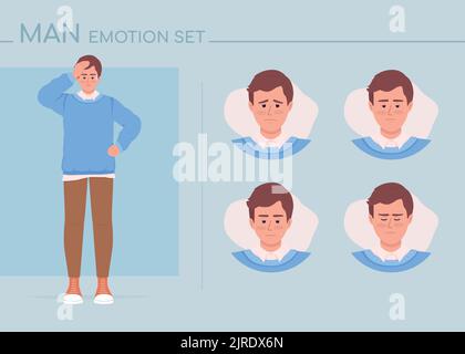Nervous young man semi flat color character emotions set Stock Vector