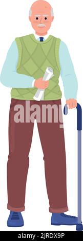 Senior man with cane and newspaper semi flat color vector character Stock Vector