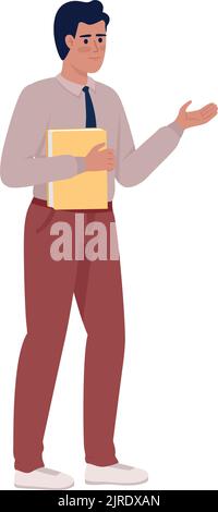 Businessman with folder pointing aside semi flat color vector character Stock Vector
