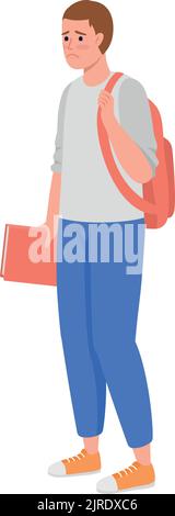 Upset student with backpack and textbook semi flat color vector character Stock Vector