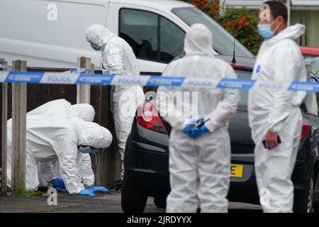 Forensics officers at the scene of an incident at a property in Kingsheath Avenue, Knotty Ash, Liverpool, where nine-year-old Olivia Pratt-Korbel was fatally shot on Monday night. The people of Liverpool have been urged to turn in the masked gunman who killed Olivia as he chased his intended target into her home. Picture date: Wednesday August 24, 2022. Stock Photo