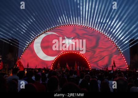 ISTANBUL, TURKEY - MAY 29, 2022: Stage in celebrations of anniversary of Istanbuls conquest Stock Photo