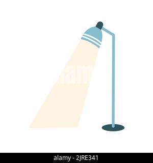 Floor lamp with light on in cartoon flat style. Vector illustration of interior furniture, torchere, cozy home Stock Vector