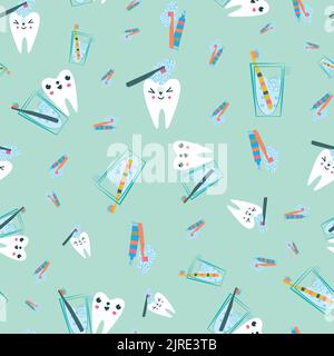 Kawaii tooth kids dental care vector educational seamless pattern background. Cute cartoon characters with toothbrush, tooth paste, brushing teeth Stock Vector
