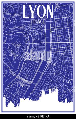 Hand-drawn panoramic city skyline poster with downtown streets network of LYON, FRANCE Stock Vector