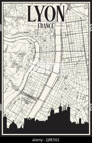 Hand-drawn panoramic city skyline poster with downtown streets network of LYON, FRANCE Stock Vector