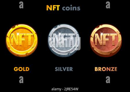 NFT old coins in different metals. Gold, silver and bronze coins. Cryptocurrency, NFT-token Internet currency of the future Stock Vector
