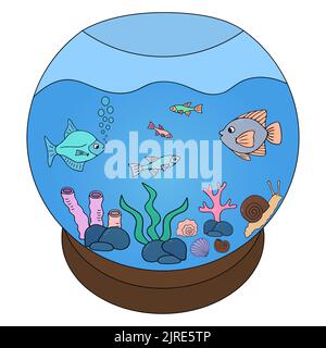 Aquarium with fish. Glass housing for aquatic plants and animals. Color vector illustration. Pets in the water behind glass. Isolated background. Stock Vector