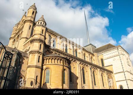 The view of 19th century St Anne's Cathedral, also known as Belfast Cathedral and the stainless steel 'Spire of Hope', Belfast, Northern Ireland, UK Stock Photo