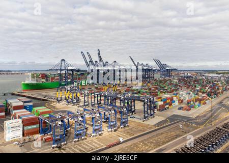 Aerial view of the Port of Felixstowe in Suffolk as members of the Unite union are on strike at Britain's biggest and busiest container port, after backing industrial action by 9-1 in a dispute over pay. Picture date: Wednesday August 24, 2022. Stock Photo