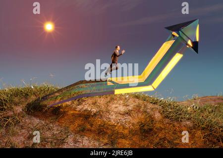 3D Illustration. 3D Rendering ,  Businessman running to the top of the graph. Business concept of goals, success, Stock Photo