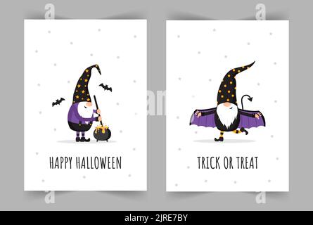 Set of Halloween greeting cards. Cute scandinavian gnomes. Spooky night party invitation, poster or flyer. Vector illustration in cartoon style Stock Vector