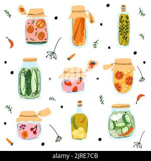 Set of home made pickles, canned fruit and vegetables in cartoon hand drawn flat style. Glass jar with preserved food, compote, marmalade, jam Autumn Stock Vector