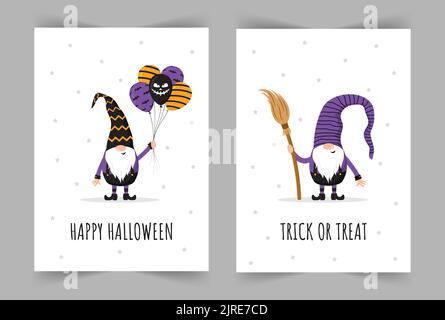 Set of Halloween greeting cards. Cute scandinavian gnomes. Spooky night party invitation, poster or flyer. Vector illustration in cartoon style Stock Vector