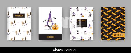 Cover page notebook collection. Templates with cute halloween gnomes. Perfect for diary, books, magazines, journals, catalogs, planners and flyers Stock Vector