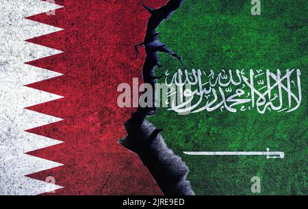 Saudi Arabia vs Qatar flags on a wall with a crack. Qatar and Saudi Arabia political conflict, economy, war crisis, relationship, trade concept Stock Photo