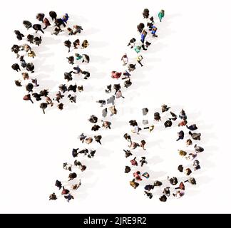 Concept or conceptual large community of people forming the % font. 3d illustration metaphor for unity and diversity, humanitarian, teamwork Stock Photo