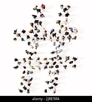 Concept or conceptual large community of people forming the #  font. 3d illustration metaphor for unity and diversity, humanitarian, teamwork Stock Photo