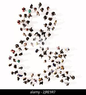 Concept or conceptual large community of people forming the & font. 3d illustration metaphor for unity and diversity, humanitarian, teamwork Stock Photo