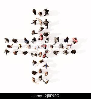 Concept or conceptual large community of people forming the + font. 3d illustration metaphor for unity and diversity, humanitarian, teamwork Stock Photo