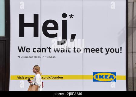 London, England, UK. 24th Aug, 2022. A woman walks past the shop window of the new IKEA store at the former site of Topshop on Oxford Street, set to open in 2023. (Credit Image: © Vuk Valcic/ZUMA Press Wire) Credit: ZUMA Press, Inc./Alamy Live News Stock Photo