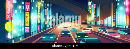 Metropolis nightlife cartoon vector background with cars going on four-line highway Stock Photo