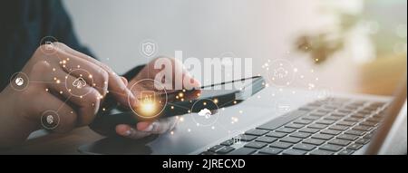 AI chip and new technology bigdata and business design concept with fingerprint system,  cloud computing and online smart industry storage. Stock Photo