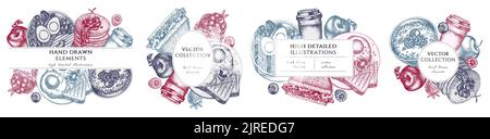 Breakfast hand drawn frame templates. Vintage illustrations of sandwich, pancakes, bowl with avocado, porridge with berries, chia pudding, fried eggs Stock Vector