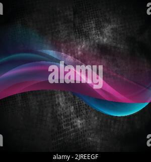 Glowing purple and blue waves on black grunge background. Vector design Stock Vector