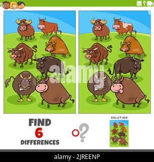 Cartoon illustration of finding the differences between pictures educational game with bulls farm animal characters Stock Vector