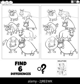 differences game with cartoon bulls farm animals coloring page Stock ...