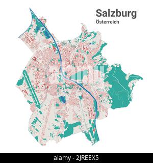 Salzburg vector map. Detailed map of Salzburg city administrative area. Cityscape panorama. Road Map with buildings, water, forest. Tourist decorative Stock Vector