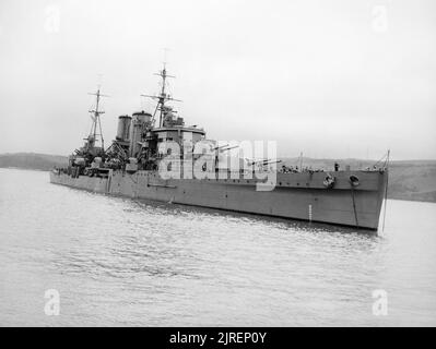 HMS Exeter, British York Class Cruiser, After Refit. March 1941. HMS EXETER. Stock Photo