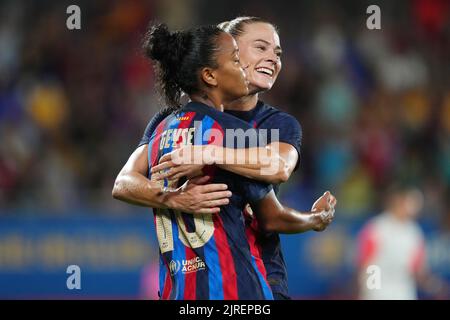 Geyse Ferreira of FC Barcelona celebrates with his teammate Fridolina Rolfo of FC Barcelona after scoring goal during the Joan Gamper Womens trophy match between FC Barcelona and Montpellier Herault SC played at Johan Cruyff Stadium on August 23, 2022 in Barcelona, Spain. (Photo by Bagu Blanco / PRESSIN) Stock Photo
