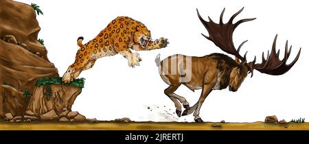 Saber Tooth attacks the gigantic deer megaloceros. Drawing with extinct animals. Template for coloring book. Stock Photo