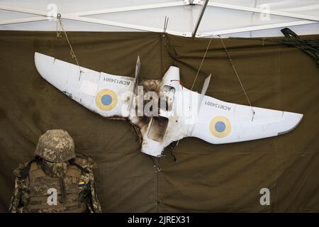 Vladikavkaz , Russia - August 20 , 2022 : Downed Military unmanned aerial vehicle . Combat drone in military conflicts Stock Photo