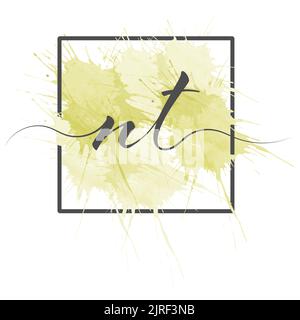 Calligraphic lowercase letters N and T are written in a solid line on a colored background in a frame Stock Vector
