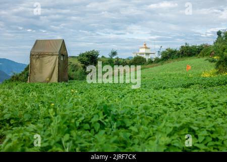 A small campsite and a Small hindu temple on the hills of Himalayas . Uttarakhand India. Stock Photo