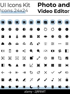 Photo and video editor tools black glyph ui icons set Stock Vector