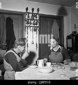 Landgirl's Day- Everyday Life and Agriculture in West Sussex, England, UK, 1944 At twelve o'clock, 19 year old Land Girl Rosalind Cox pauses in her day's work and returns to her billet for lunch. Her landlady, Mrs Annie Weaver, enjoys a cup of tea whilst Rosalind tucks into a large plate of rabbit stew. Behind them on the wall, is a display of horse brasses, won by Mrs Weaver's husband. Stock Photo